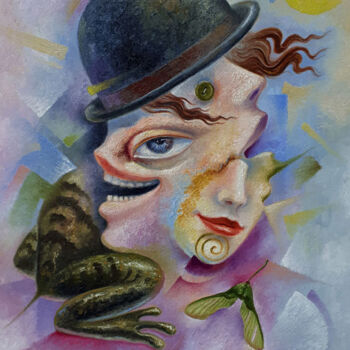 Картина под названием "Tiger Frog in a Bow…" - Serhii Voichenko, Подлинное произведение искусства, Масло