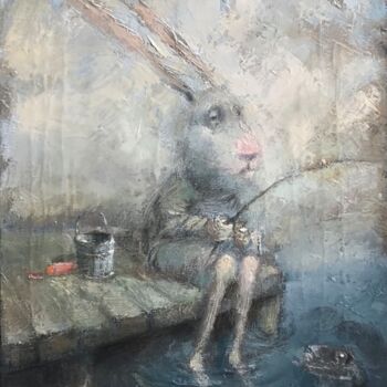 Painting titled "Fishhare" by Sergii Shkoliar, Original Artwork, Oil Mounted on Wood Stretcher frame