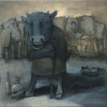Painting titled "A minotaur from an…" by Sergii Shkoliar, Original Artwork, Acrylic Mounted on Wood Stretcher frame
