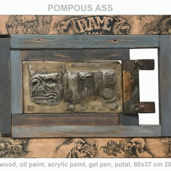 Painting titled "pompous ass" by Sergii Shkoliar, Original Artwork, Oil Mounted on Wood Panel