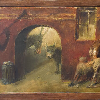 Painting titled "Bremen musicians in…" by Sergii Shkoliar, Original Artwork, Oil Mounted on Wood Stretcher frame