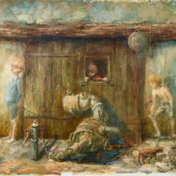 Painting titled "Playing games" by Sergii Shkoliar, Original Artwork, Oil Mounted on Wood Stretcher frame