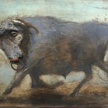 Painting titled "A small bull" by Sergii Shkoliar, Original Artwork, Oil Mounted on Wood Panel