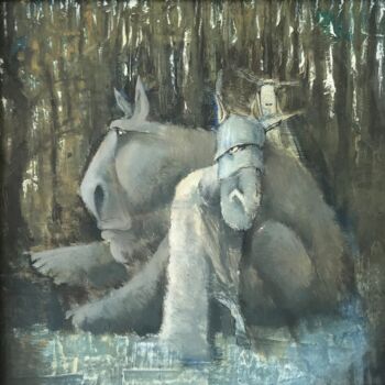 Painting titled "Where is the knight" by Sergii Shkoliar, Original Artwork, Oil Mounted on Other rigid panel