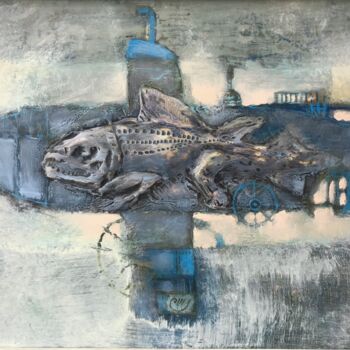 Painting titled "Sub-boat" by Sergii Shkoliar, Original Artwork, Oil Mounted on Wood Panel