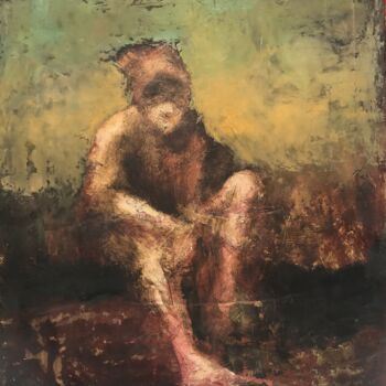 Painting titled "Sitting boy" by Sergii Shkoliar, Original Artwork, Oil Mounted on Wood Panel