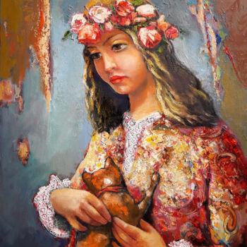 Painting titled "Girl with cat(80x60…" by Serkhach, Original Artwork, Oil Mounted on Wood Stretcher frame