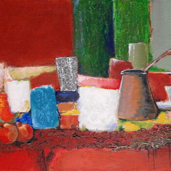 Painting titled "Still life with cez…" by Serkhach, Original Artwork, Oil Mounted on Wood Stretcher frame