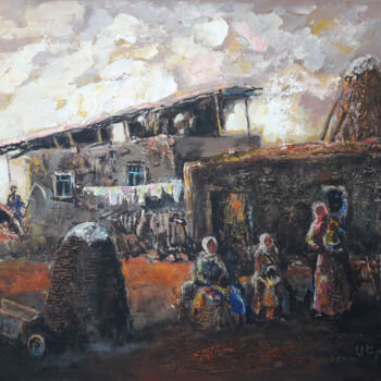 Painting titled "DUSK IN THE VILLAGE" by Serkhach, Original Artwork, Oil Mounted on Wood Stretcher frame