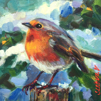 Painting titled "Framed Small Robin…" by Valerie Serova, Original Artwork, Oil Mounted on Cardboard