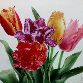 Painting titled "Tulips" by Elizaveta Khudyakova, Original Artwork, Oil