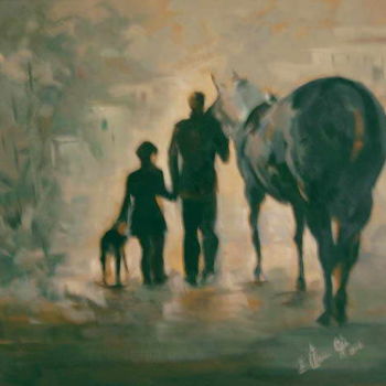 Pintura titulada "at çocuk ve seyis" por Ümran Giz, Obra de arte original, Oleo