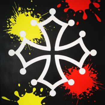 Peinture intitulée "Croix Occitane tach…" par Sev Chartier, Œuvre d'art originale, Bombe aérosol Monté sur Châssis en bois