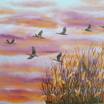 Painting titled "Flight / Cranes" by Seva Novruz, Original Artwork, Oil