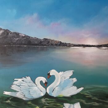 Painting titled "Lac des cygnes" by Severine Delanoue, Original Artwork, Acrylic Mounted on Wood Stretcher frame
