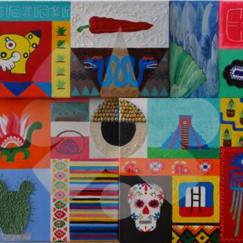 Collages getiteld "Oeil maya" door Séverine Piques (WOERLY), Origineel Kunstwerk, Collages Gemonteerd op Frame voor houten b…