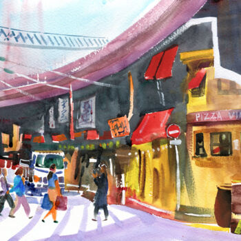 Peinture intitulée "Little Stores under…" par Severn (Jie Cheng) Wang, Œuvre d'art originale, Aquarelle