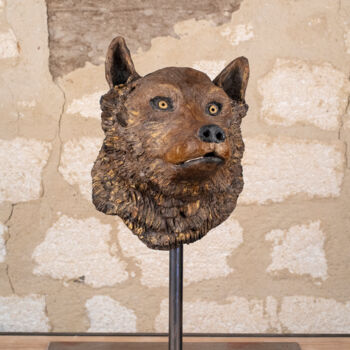 Skulptur mit dem Titel "Le loup aux yeux d'…" von Seys Sculpture, Original-Kunstwerk, Terra cotta