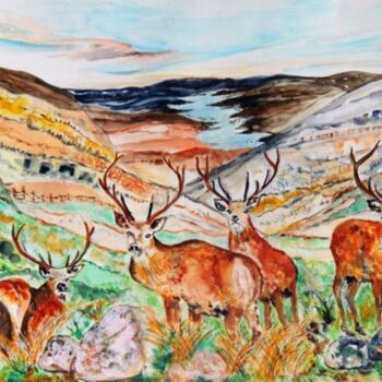 Painting titled "Monarch of the Glen" by Shahid Zuberi, Original Artwork, Watercolor