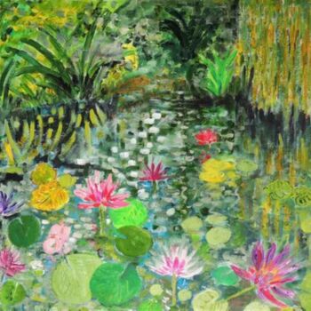 Painting titled "The Lily Pond" by Shahid Zuberi, Original Artwork, Acrylic