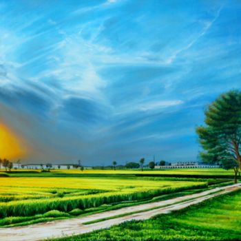 Painting titled "Village Scene of Pa…" by Shahid Rana, Original Artwork, Oil