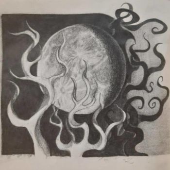 Drawing titled "Moon and Branches" by Shahriar Ghorbanian, Original Artwork, Pencil