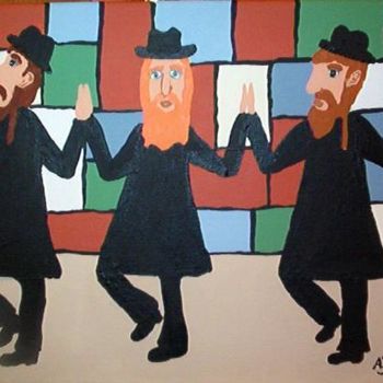 Painting titled "Three Dancing Rebbes" by Adelle Jean, Original Artwork, Oil