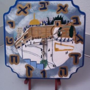 Painting titled "Hebrew Clock: Round…" by Adelle Jean, Original Artwork, Oil