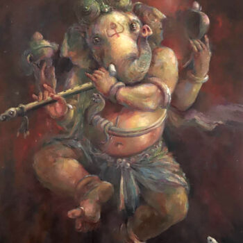 Painting titled "Lord Ganesh" by Shanaka Kulatunga, Original Artwork, Oil Mounted on Wood Stretcher frame