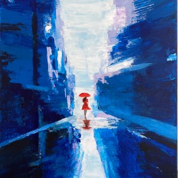 Painting titled "rainy in a blue city" by Shanshan Liu, Original Artwork, Acrylic