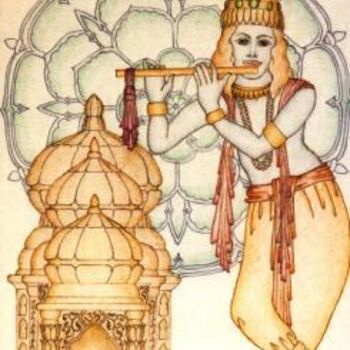 Disegno intitolato "Krishna au temple" da Shantidas, Opera d'arte originale