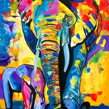 Pintura intitulada "Elephant Safari by…" por Sharmene Yousuf (Meneartiste), Obras de arte originais, Óleo