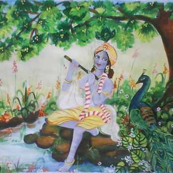 Peinture intitulée "Krishna painting -…" par Sharmila Sharma, Œuvre d'art originale, Huile