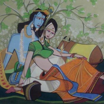 Painting titled "Krishna Radha paint…" by Sharmila Sharma, Original Artwork, Oil