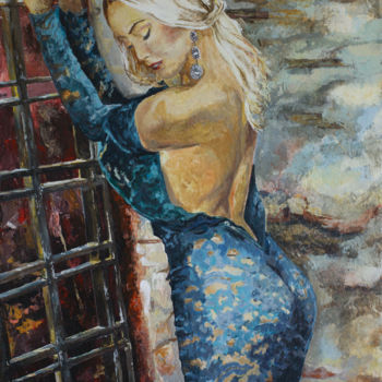 Painting titled "WOMAN BY THE WALL n…" by Vyacheslav Shcherbakov, Original Artwork, Acrylic