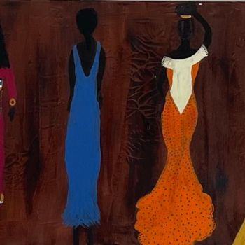 Schilderij getiteld "My africain ladies" door Ndelela Sheila, Origineel Kunstwerk, Acryl Gemonteerd op Frame voor houten bra…