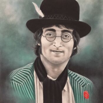 Painting titled ""John Lennon"" by Shena Ajuelos, Original Artwork, Oil Mounted on Wood Stretcher frame