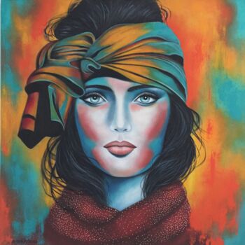 Painting titled ""Femme au turban"" by Shena Ajuelos, Original Artwork, Oil Mounted on Wood Stretcher frame