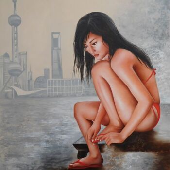 Pittura intitolato ""Shanghai"" da Shena Ajuelos, Opera d'arte originale, Olio