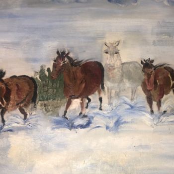 제목이 "Horses"인 미술작품 Dinara Shertayeva로, 원작, 기름 나무 들것 프레임에 장착됨