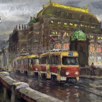 Malerei mit dem Titel "Prague Tram Bridge…" von Yuriy Shevchuk, Original-Kunstwerk, Pastell