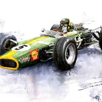 Schilderij getiteld "Lotus 49 Ford F1 Ji…" door Yuriy Shevchuk, Origineel Kunstwerk, Aquarel