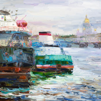 Pittura intitolato "Корабли на Неве" da Vasilii Shikhanov, Opera d'arte originale, Olio