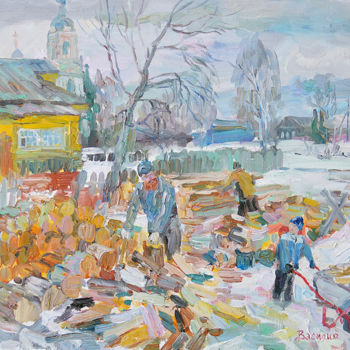 Картина под названием "Сельские заботы" - Василий Шиханов, Подлинное произведение искусства, Масло Установлен на Деревянная…
