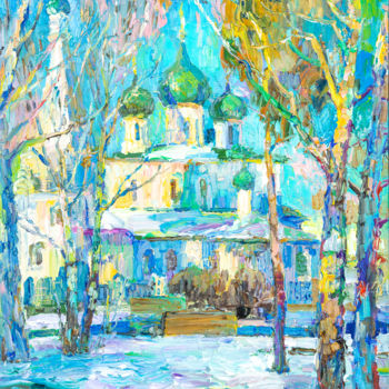 Painting titled "Зимний день в Яросл…" by Vasilii Shikhanov, Original Artwork, Oil Mounted on Wood Stretcher frame