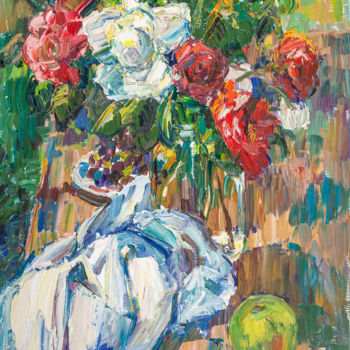 Painting titled "розы в полуденный з…" by Vasilii Shikhanov, Original Artwork, Oil Mounted on Wood Stretcher frame