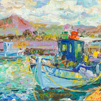 Картина под названием "Рыбацкие лодки в Go…" - Василий Шиханов, Подлинное произведение искусства, Масло Установлен на Деревя…