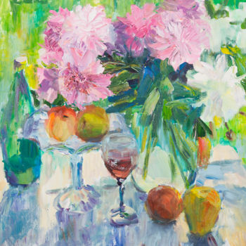 Картина под названием "Пионы и фрукты" - Василий Шиханов, Подлинное произведение искусства, Масло