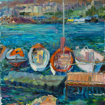 Painting titled ""Лодки в Яхт-клубе"…" by Vasilii Shikhanov, Original Artwork, Oil Mounted on Wood Stretcher frame