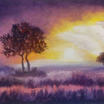 Painting titled "Atardecer violeta" by Mercedes Gordo, Original Artwork, Oil